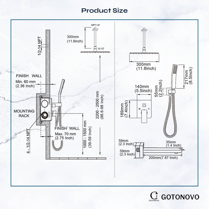 gotonovo Shower System with Tub Spout 12 Inches Ceiling Mount 3 Function Mixer Shower Combo Set Rainfall Shower Head Handheld Shower Bathroom Luxury Rough-in Valve Body and Trim Kit