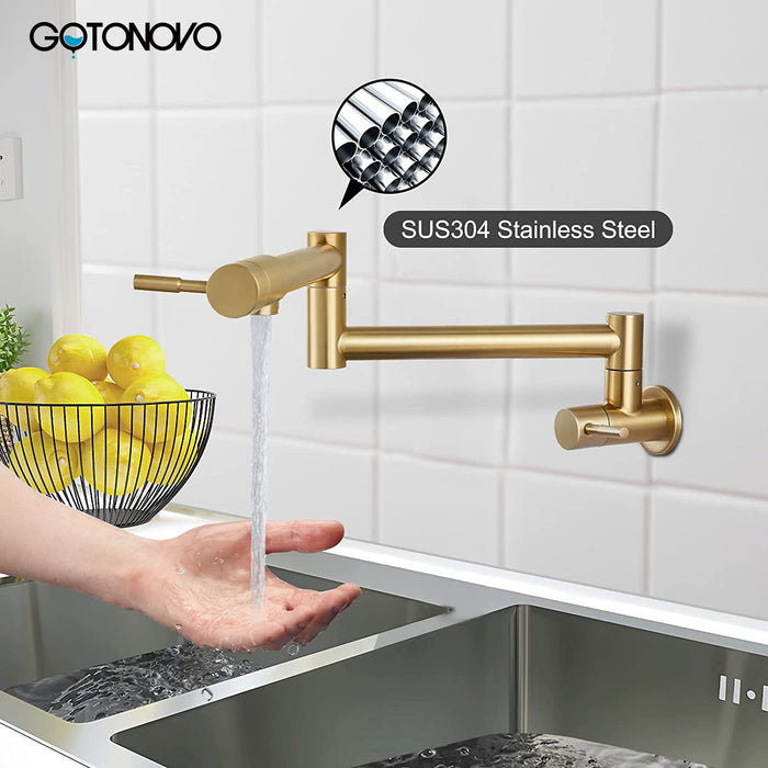 gotonovo Pot Filler Faucet Folding Stretchable Wall Mount Kitchen Restaurant Sink Faucet SUS304 Stainless Steel with Double Joint Swing Arm Single Hole Two Handles Commercial NPT