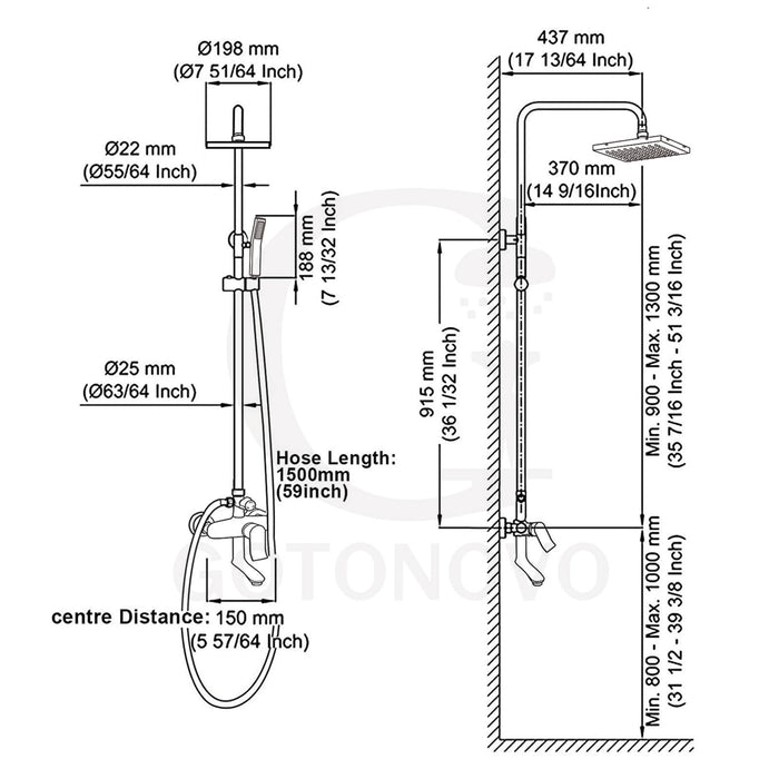 Gotonovo Exposed Shower System 8 Inch Square Swivel Rainfall Shower Head with Handheld Adjustable Complete Set Wall Mount