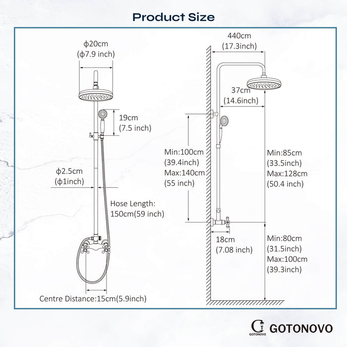 gotonovo Exposed Shower System Combo Set 8inch Rainfall Shower Head and Handheld Spray Double Knobs Cross Handle Dual Function Bathroom Shower Faucet Set