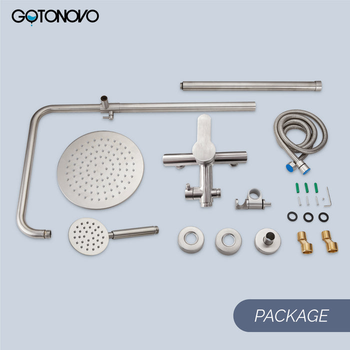 gotonovo Brushed Nickel SUS304 Outdoor Shower Fixture Shower Faucet Combo Set Single Handle 8 Inch Thicken Rainfall Showerhead With Handheld Spray Wall Mount Dual Functions
