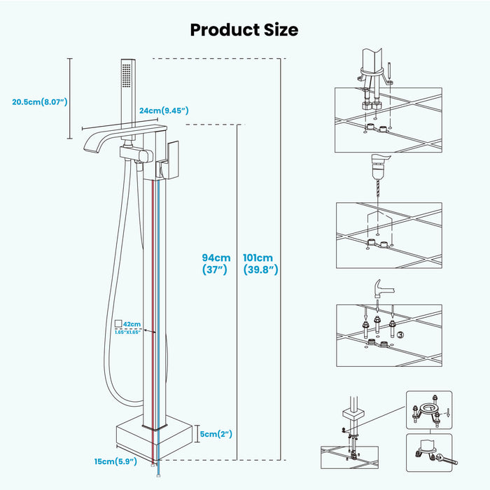 Gotonovo Waterfall Freestanding Bathtub Faucet Floor Mount Tub Filler Single Handle Brass Tap with Hand Shower and 360 Degree Swivel Spout