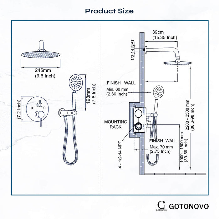 gotonovo Shower System 10 Inch  Rain Shower Head with Handheld Spray Luxury Wall Mount Shower Combo Set Rough-in Valve and Shower Trim Included Bathroom 304 Stainless Steel