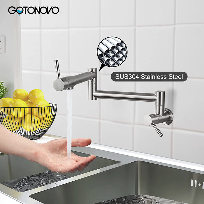gotonovo Pot Filler Faucet Folding Stretchable Wall Mount Kitchen Restaurant Sink Faucet SUS304 Stainless Steel with Double Joint Swing Arm Single Hole Two Handles Commercial NPT