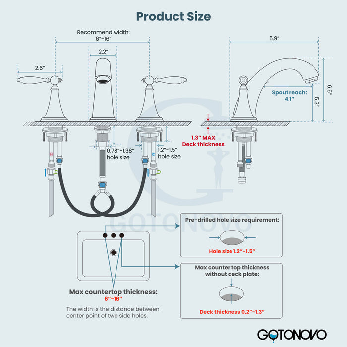 gotonovo Widespread 3 Hole Bathroom Sink Faucet Double Lever Handle 8 Inch Mixer Tap with Pop Up Drain with Overflow Deck Mount