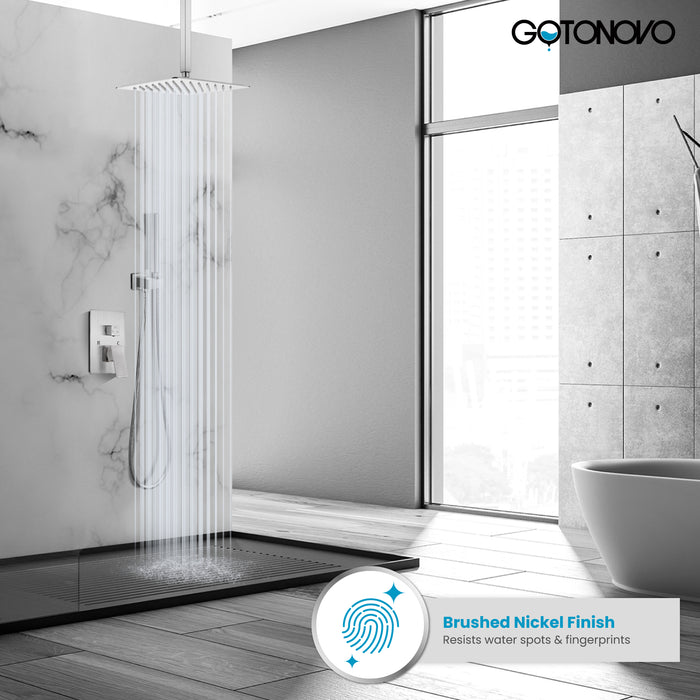 Gotonovo Rain Shower Combo Set Square Shower head SUS304 Stainless Steel Shower Trim Kit 2 in 1 Cylindrical Handheld shower with Rough-in Valve
