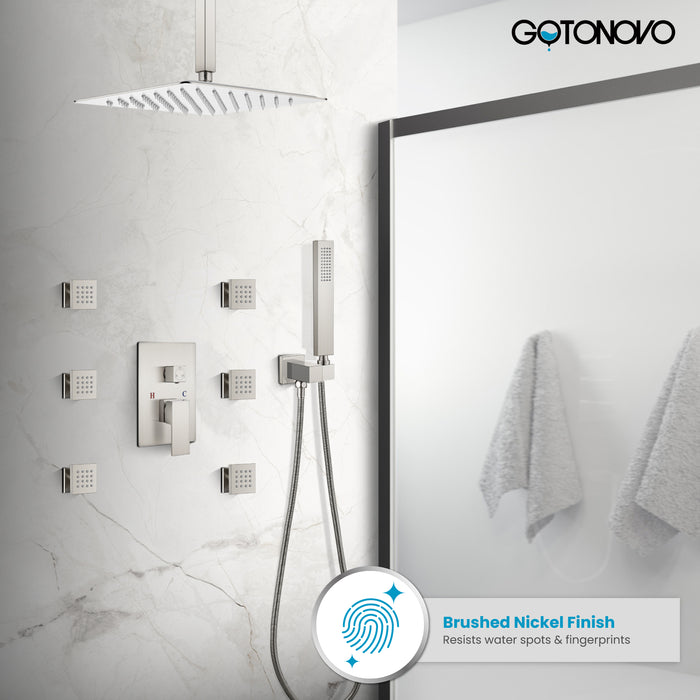 Gotonovo Rain Shower Combo Set Ceiling Mounted Square Rainfall Shower Head with Body Spray Jets and Brass Handshower Pressure Balance Rough-in Valve and Trim Included
