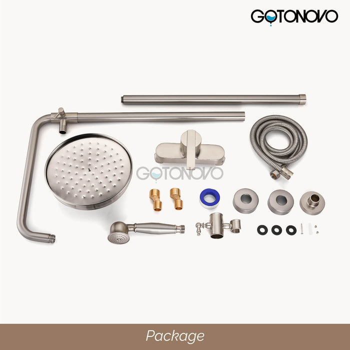 gotonovo Shower Fixture Exposed Pipe Shower System Brass 8 Inch Dual Functions Rainfall Overhead with Handheld Spray Solid Copper Diverter Bathroom Shower Faucet Combo Unit Set