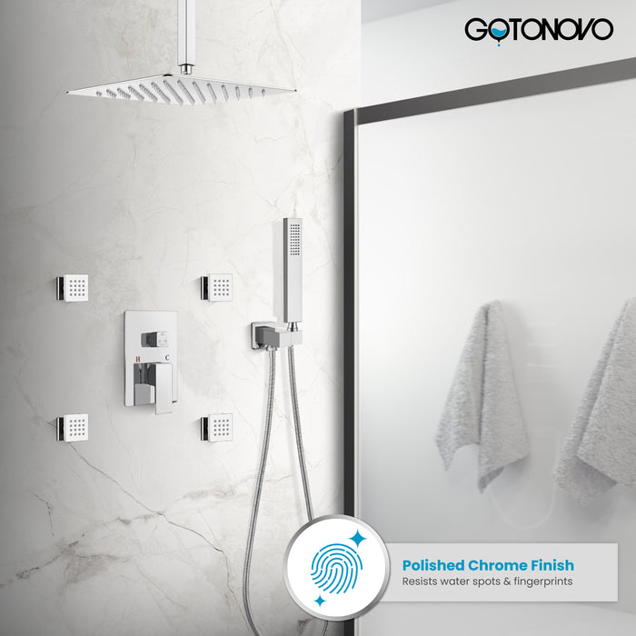 Gotonovo Rain Shower Combo Set Ceiling Mounted Square Rainfall Shower Head with Body Spray Jets and Brass Handshower Pressure Balance Rough-in Valve and Trim Included