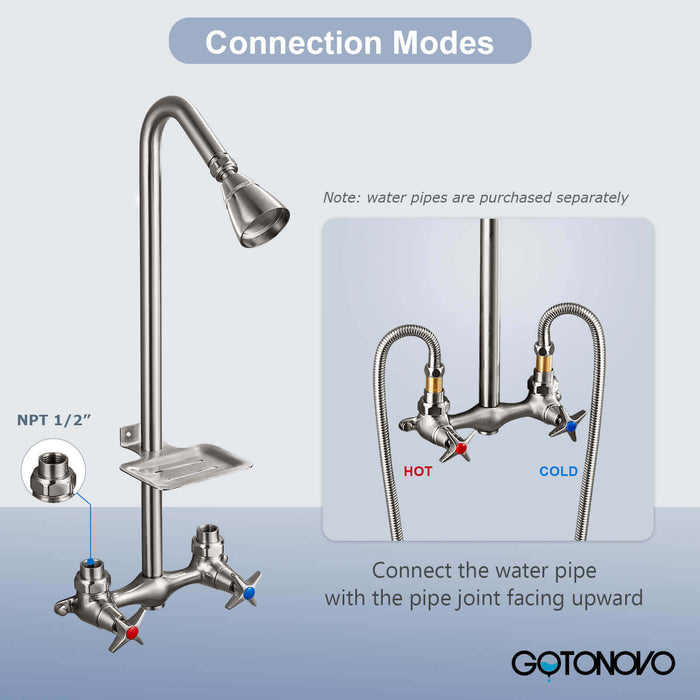 gotonovo Outdoor Shower Faucet Set Double Cross Handles Exposed Shower System Rainfall Shower Head Wall Mount Shower Fixture Kit Brass Mix Valve