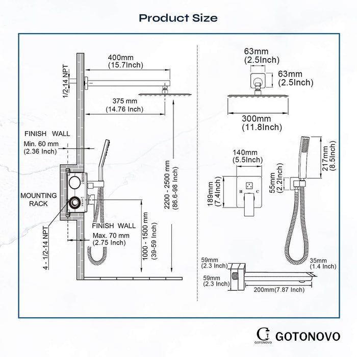 gotonovo Rainfall Shower System with Tub Spout Mixer Shower Combo Set 3 Function Wall Mounted Shower Head Handheld Shower Bathroom Luxury Rain Rough-in Valve Body and Trim Kit