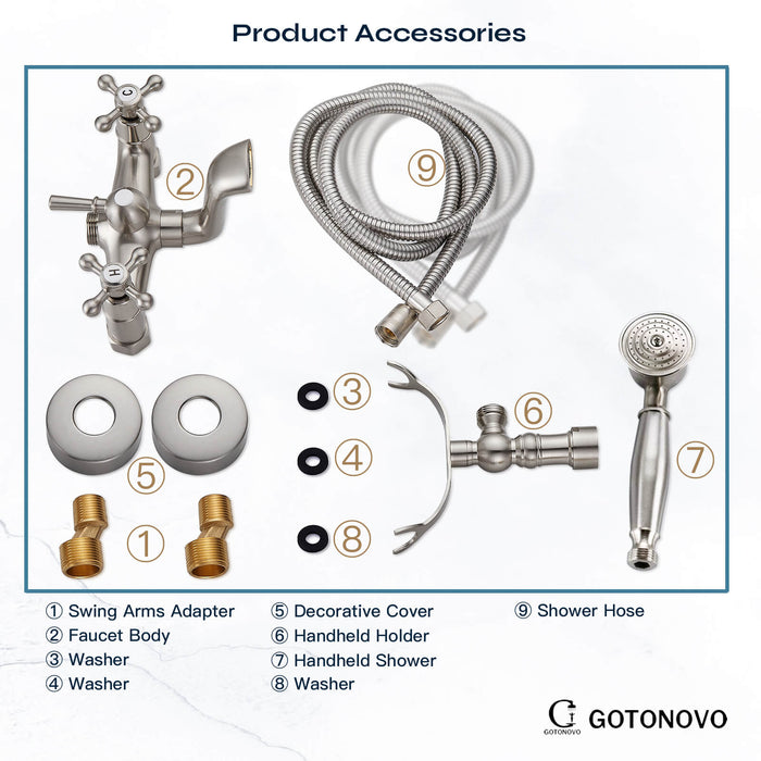 gotonovo Wall Mount Bathroom Bathtub Faucet Set Vintage with Hand Held Shower Spray Double Cross Handle 2 Functions 360 Swivel Mixer Tub Spout