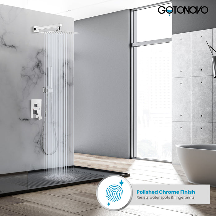 Gotonovo Rainfall Shower System Wall Mount Square Showerhead Shower Trim Kit 2 in 1 Cylindrical Handheld shower with Rough-in Valve