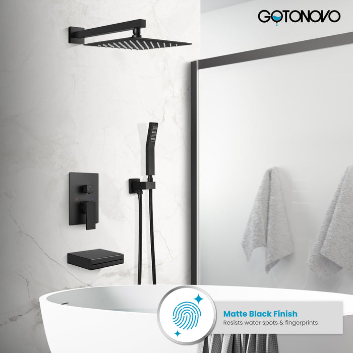 Gotonovo Rain Shower Combo Set with Thick Waterfall Tub Spout,Square Rainfall Shower Head with Handheld Spray Wall Mounted Pressure Balance Rough-in Valve and Trim Included