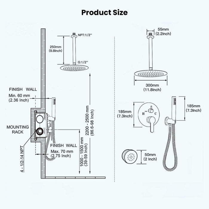 Gotonovo Rain Shower Combo Set Ceiling Mounted Matte Black 12-inch Round Rain Shower Head with Body Spray Jets and Brass Handheld Shower Pressure Balance Rough-in Valve and Trim Included
