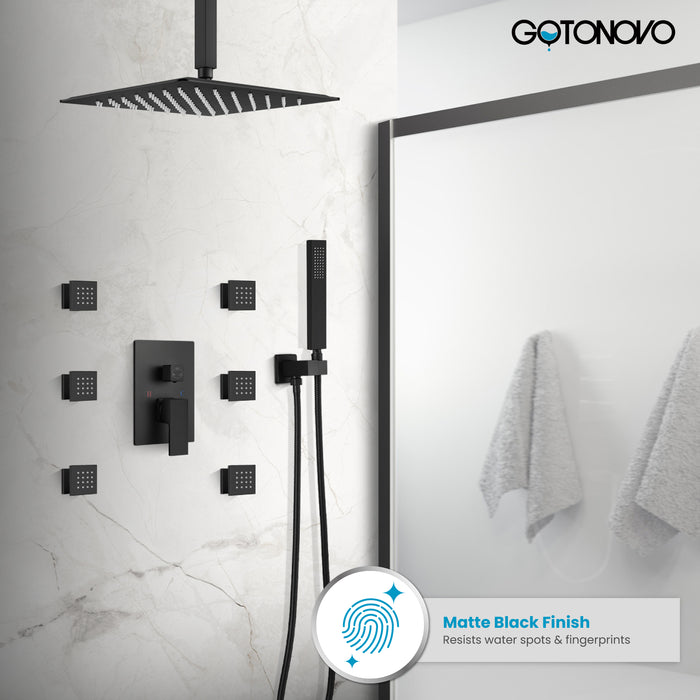 Gotonovo Rain Shower Combo Set Ceiling Mounted Square Rainfall Shower Head with Body Spray Jets and Brass Handshower Pressure Balance Rough-in Valve and Trim Included