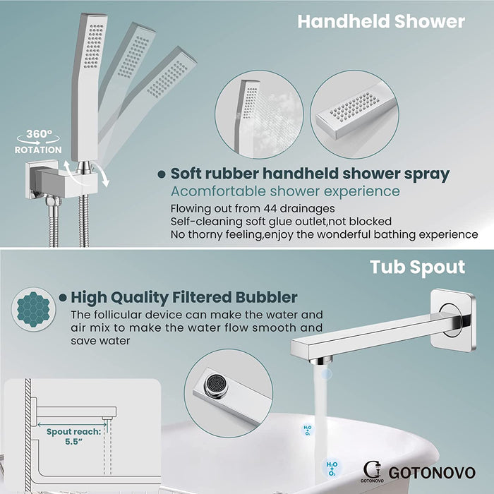 gotonovo Polish Chrome Shower System with Tub Spout Mixer Shower Tub Combo Set 12 Inch 3 Function Wall Mounted Rainfall Shower Head with Handheld Shower Bathroom Luxury Rain Rough-in Valve