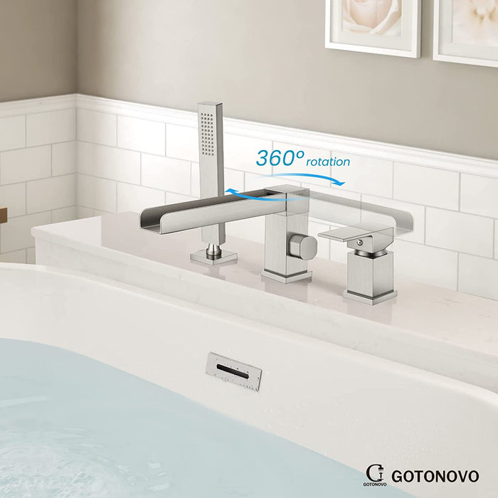 Gotonovo Waterval Romeinse badkuipkraan Tub Filler 3-gats dekmontage Enkele handgreep Wijdverspreide badkuipkraan met handdouche Badkamerkraan