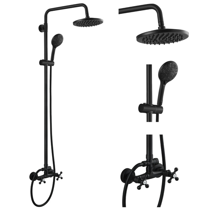 gotonovo Exposed Pipe Shower System 8 inch Round Top Head Wall Mounted Double Cross Handle With ABS 8 Modes Handheld Sprayer Dual Function Shower Unit Set
