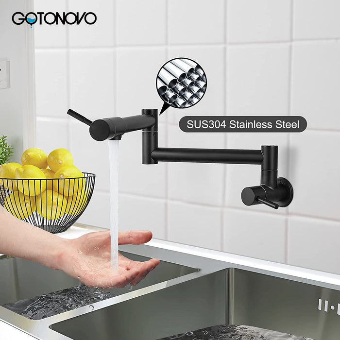 gotonovo Pot Filler Faucet Folding Stretchable Wall Mount Kitchen Restaurant Sink Faucet SUS304 Stainless Steel with Double Joint Swing Arm Single Hole Two Handles Commercial NPT