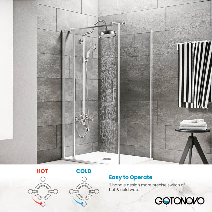 Gotonovo Exposed Shower System Wall Mounted Triple Function 8 Inch Rainfall Shower Head with Handheld and Tub Spout Double Cross Handles