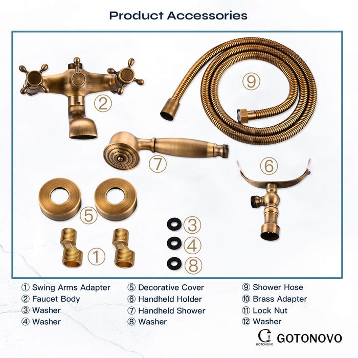 gotonovo Wall Mount Bathroom Bathtub Faucet Set Vintage with Hand Held Shower Spray Double Cross Handle 2 Functions 360 Swivel Mixer Tub Spout