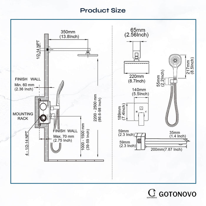 gotonovo Matte Black Shower System 3 Function Mixer Shower Tub Combo Set 9 Inch Wall Mounted Rainfall Shower Head ABS Handheld Shower Bathroom Luxury Rain Rough-in Valve and Trim Kit with Tub Spout