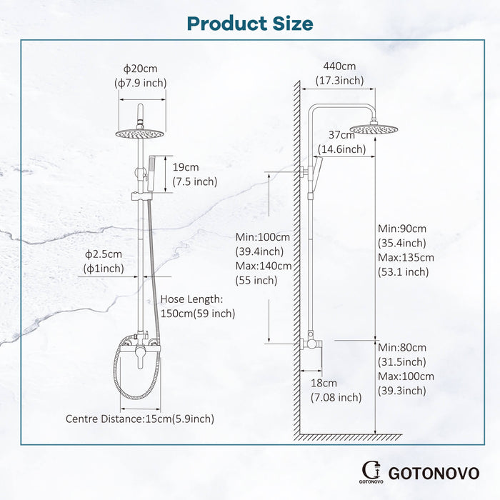 gotonovo Outdoor Shower System Set 8 inch Shower Head Single Handle High Pressure Hand Spray Wall Mount Dual Function Rainfall Shower Fixture