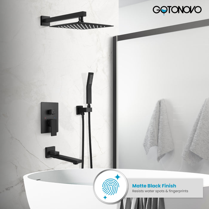 Gotonovo Rain Shower Combo Set Luxury 3-Function with Rotating Tub Spout,Square Rainfall Shower Head and Handheld Spray Rough-in Valve Body and Trim Included