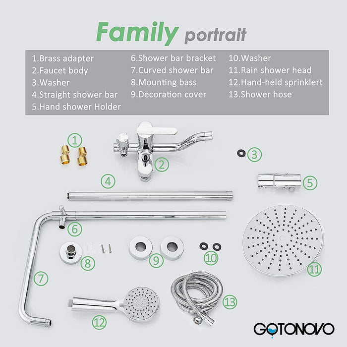 Gotonovo Zichtbaar douchesysteem Polish Chrome Douchekraan Set 8 Inch Regendouche Ronde Badkamer Douchearmatuur met ABS Handsproeier Verstelbare schuifbalk Baduitloop Wandmontage Complete set 