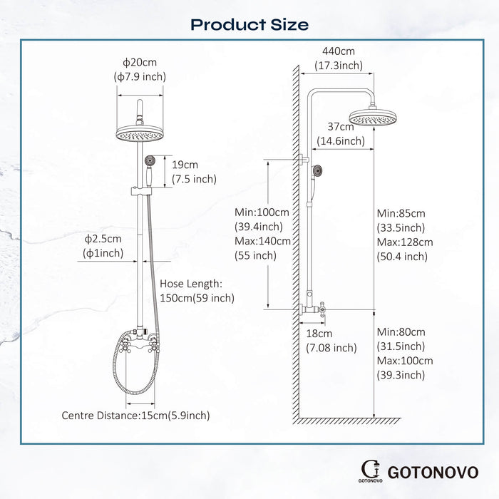 gotonovo Exposed Shower Fixture Set 8inch Rain Shower Head Double Knobs Cross Handle Dual Function Shower Faucet Combo Set