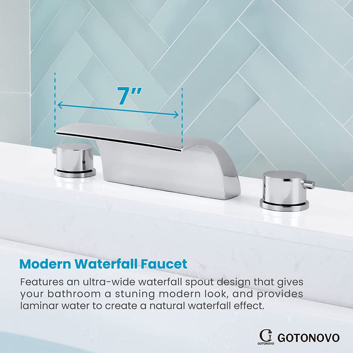 Bathroom Waterfall Tub Faucet Deck Mount Roman Tub Filler 3 Hole Bathtub Faucet with Round Knob Handles Bathtub Spout Brass Valve Stainless Steel Water Supply Lines High Flow