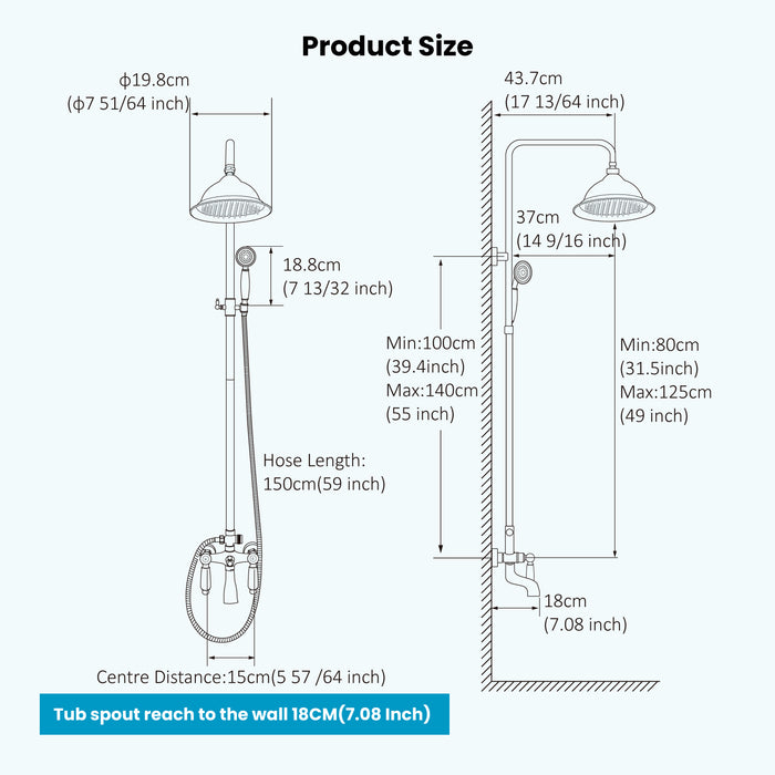 Gotonovo Exposed Shower System 8-inch Shower Head Fixture with Handheld Spray Double Lever Handle Bathtub Spout Triple Function Bathroom Wall Mount