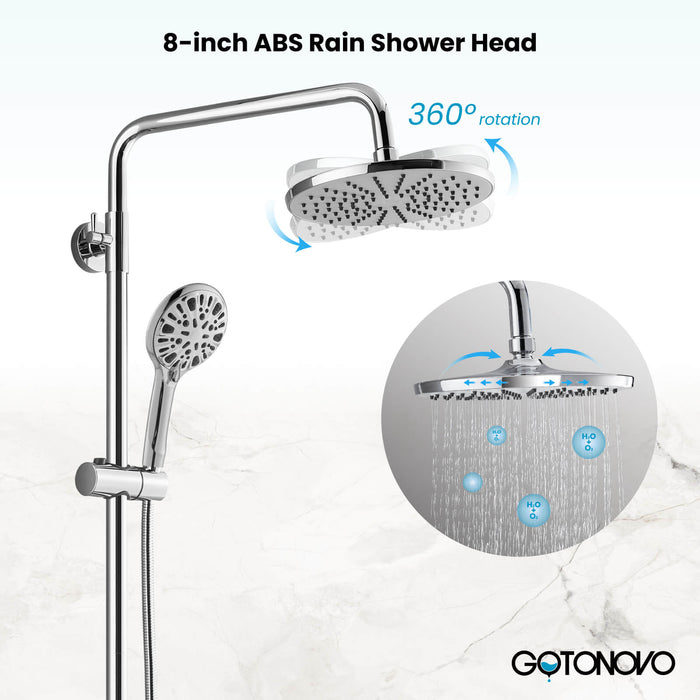 Gotonovo Exposed Shower System Thermostatic 8 inch Round Shower Head with Height Adjustable Slide Bar ABS Handheld Sprayer Wall Mount Shower Fixture