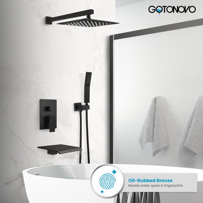 Gotonovo Rain Shower Combo Set with Waterfall Tub Spout, Square Rainfall Shower Head with Handheld Spray Pressure Balance Rough-in Valve and Trim Included