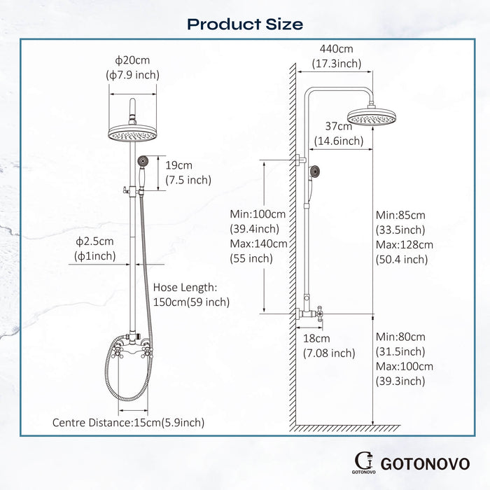 gotonovo Exposed Shower Fixture Set 8inch Rain Shower Head Double Knobs Cross Handle Dual Function Shower Faucet Combo Set