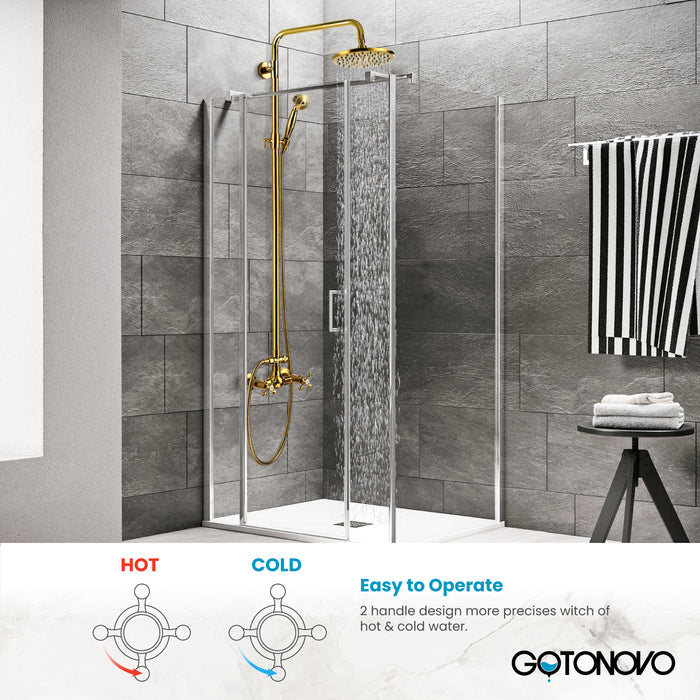 Gotonovo Exposed Shower System 8 Inch Rainfall Shower Head with Handheld Spray Dual Cross Knobs Mixer Bathroom Shower Combo Set Wall Mount