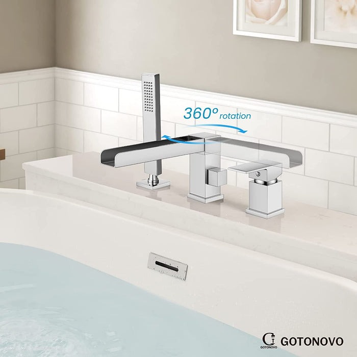 Gotonovo Waterval Romeinse badkuipkraan Tub Filler 3-gats dekmontage Enkele handgreep Wijdverspreide badkuipkraan met handdouche Badkamerkraan