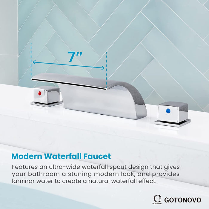gotonovo Bathroom Waterfall Tub Faucet Deck Mount Roman Tub Filler 3 Hole Bathtub Faucet with Square Knob Handle Bathtub Spout Brass Valve Stainless Steel Water Supply Lines High Flow