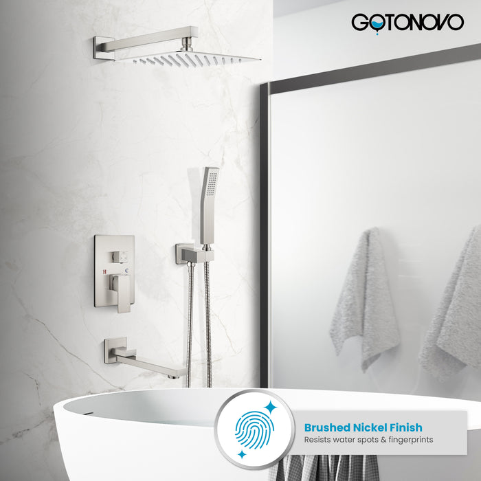 Gotonovo Rain Shower Combo Set Luxury 3-Function with Rotating Tub Spout,Square Rainfall Shower Head and Handheld Spray Rough-in Valve Body and Trim Included