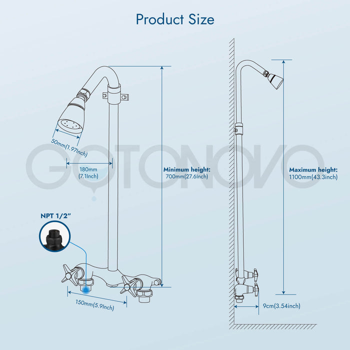 gotonovo Matte Black Outdoor Shower Fixtures Wall Mount Telescopic Pipe Double Cross Handle Brass Mixer Valve Adjustable Shower Head Exposed Shower Kit Water Inlet Down