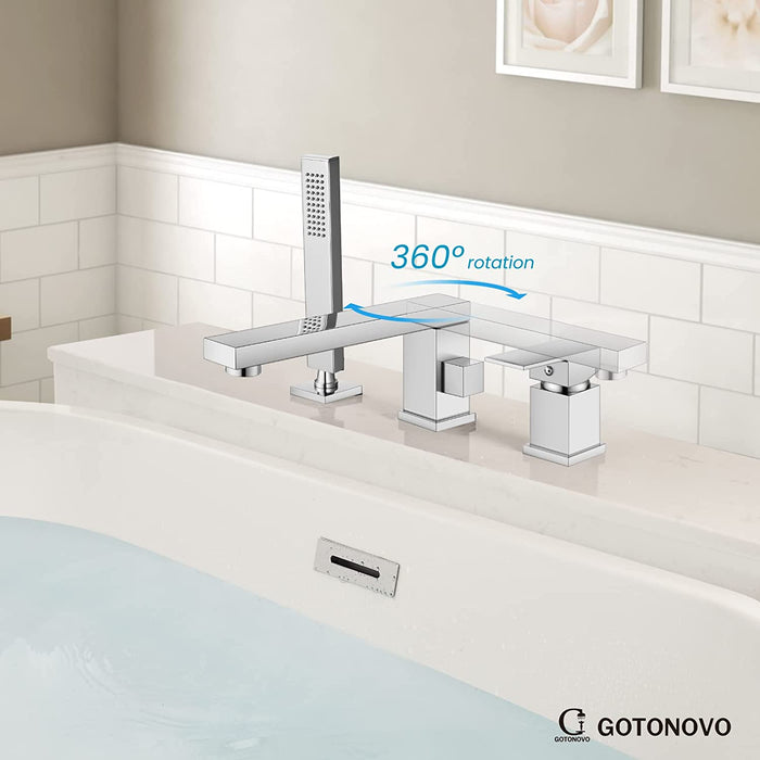 gotonovo Deck Mount Roman Tub Filler Faucet 3-Hole Single Handle Widespread Bathtub Faucet with Handheld Shower Bathroom Tub Faucet Set