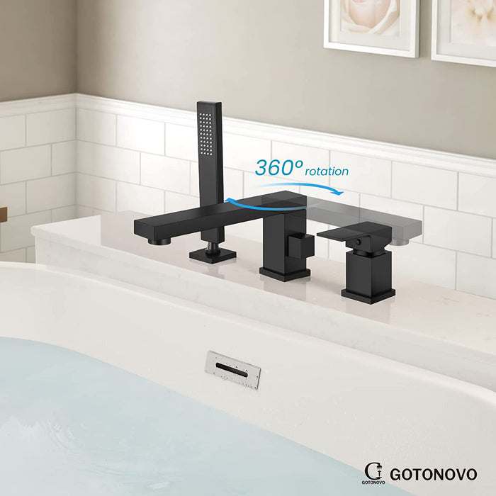 gotonovo Deck Mount Roman Tub Filler Faucet 3-Hole Single Handle Widespread Bathtub Faucet with Handheld Shower Bathroom Tub Faucet Set