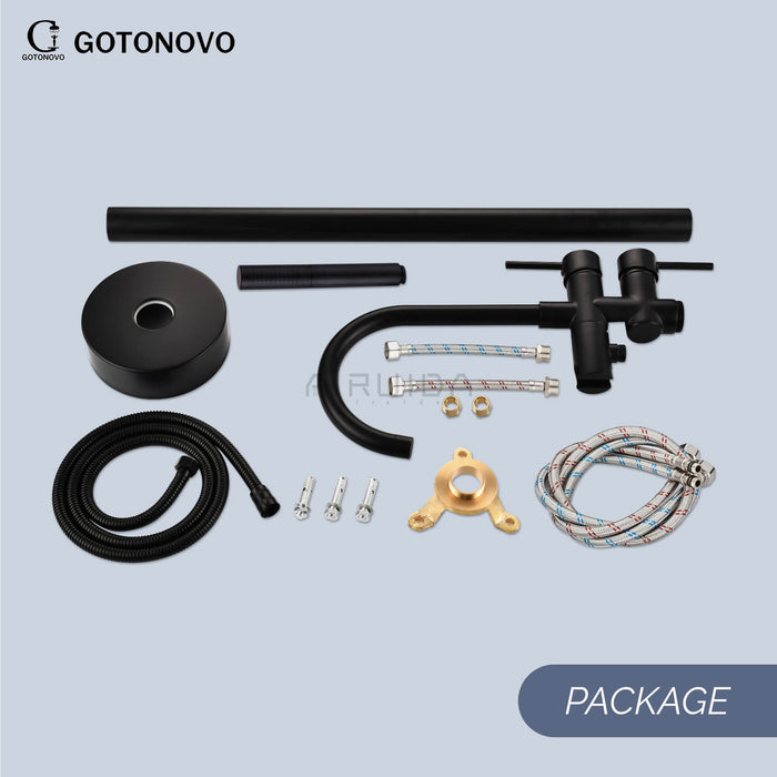 Gotonovo Freestanding Bathtub Faucet Solid Brass Black Floor Mount Tub Filler with Two Function Handheld 360 Degree Swivel Standing High Flow Spout Mixer Taps