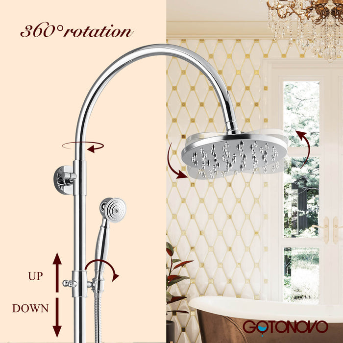 Gotonovo Exposed Shower Faucet Set Brass Dual Knobs 8 Inch Rainfall Round Head Mixer Tap Hand held Spray 3 Functions Shower System Tub Spout Bathroom Shower Combo Unit Set Wall Mounted