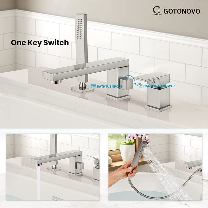 gotonovo Deck Mount Roman Tub Filler Faucet 3-Hole Single Handle Widespread Bathtub Faucet with Handheld Shower Bathroom Tub Faucet Set