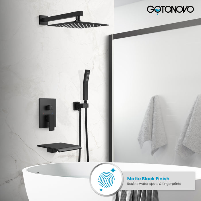 Gotonovo Rain Shower Combo Set with Waterfall Tub Spout, Square Rainfall Shower Head with Handheld Spray Pressure Balance Rough-in Valve and Trim Included