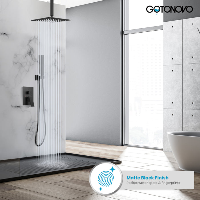 Gotonovo Rain Shower Combo Set Square Shower head SUS304 Stainless Steel Shower Trim Kit 2 in 1 Cylindrical Handheld shower with Rough-in Valve