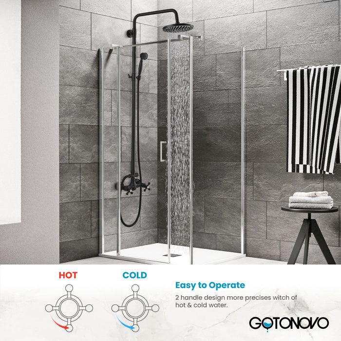 Gotonovo Exposed Shower System 8 Inch Rainfall Shower Head with Handheld Spray Dual Cross Knobs Mixer Bathroom Shower Combo Set Wall Mount