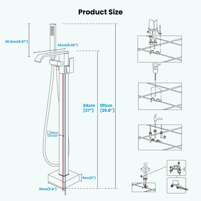 Gotonovo Waterfall Freestanding Bathtub Faucet Floor Mount Tub Filler Single Handle Brass Tap with Hand Shower and 360 Degree Swivel Spout